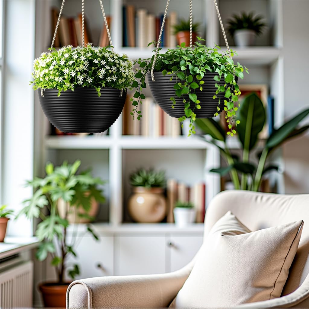 Line Pattern 10 Inch Hanging Planter for Indoor Outdoor Plants, 2 Pack Round Hanging Pots for