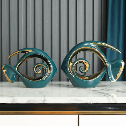 Green Gold Ceramic Fish Figurines - Coastal Home Decor, Modern Ocean Centerpieces for Living Room