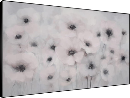 46"x72" Extra Large Framed Wall Art Soft White Poppies Watercolor Floral, Delicate Botanical for