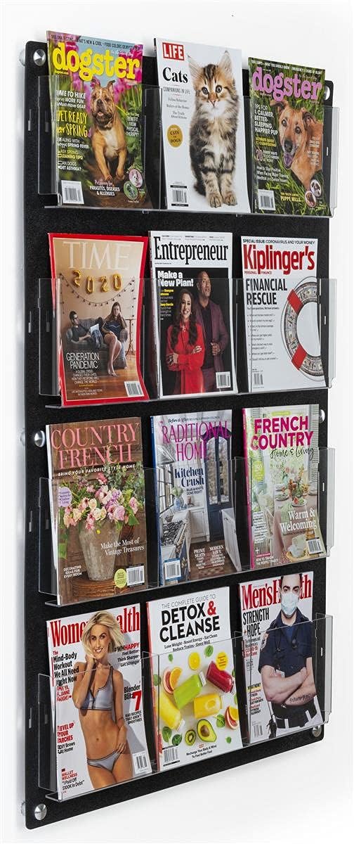 Displays2go Wall Pamphlet Display, Acrylic, 12/24 Adjustable Slots, Aluminum Standoffs - Black