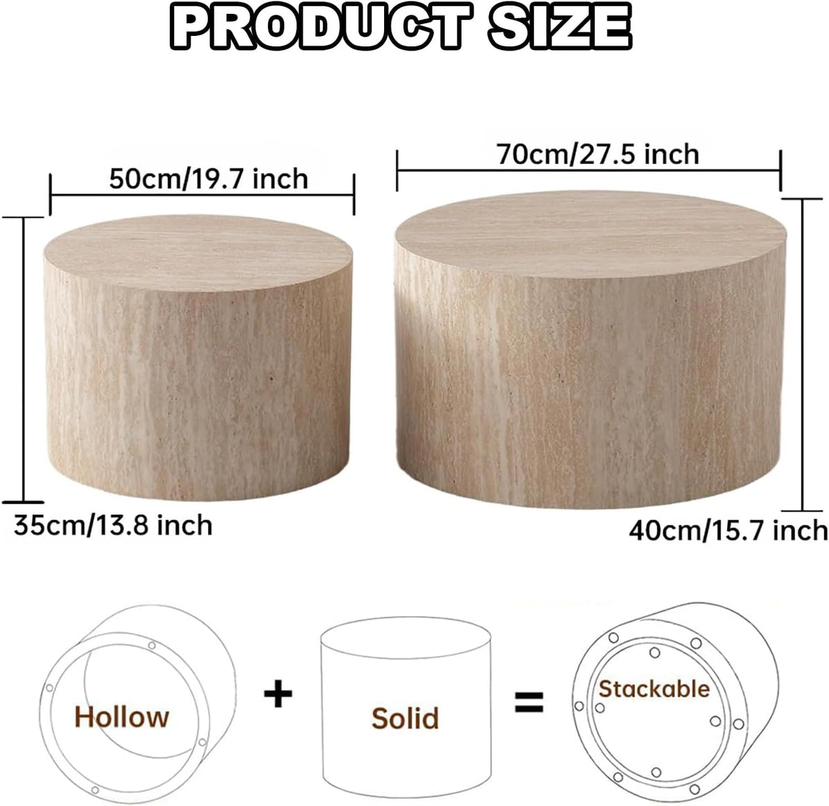 Round Nesting Coffee Table Set of 2, Modern Coffee and End Table Set Small Circle Wooden Drum Side