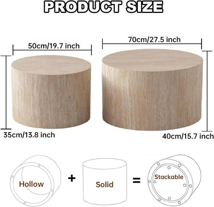 Round Nesting Coffee Table Set of 2, Modern Coffee and End Table Set Small Circle Wooden Drum Side