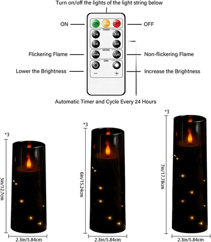 Flickering Flameless LED Candles, 9 Pcs with Embedded Star String, Acrylic LED Pillar Candles with