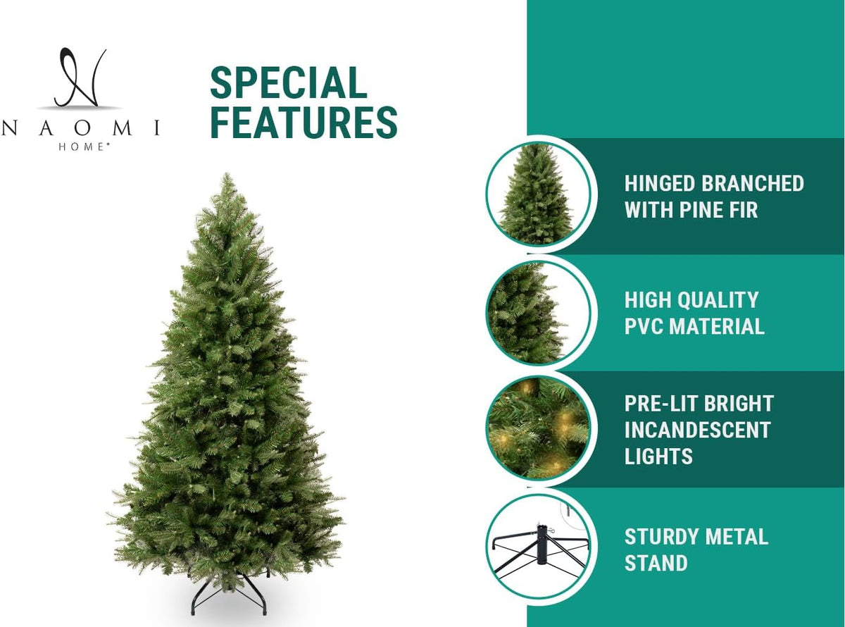 Traditional Artificial Fir Christmas Tree with Lights by Naomi Home Green/9 Ft/Included