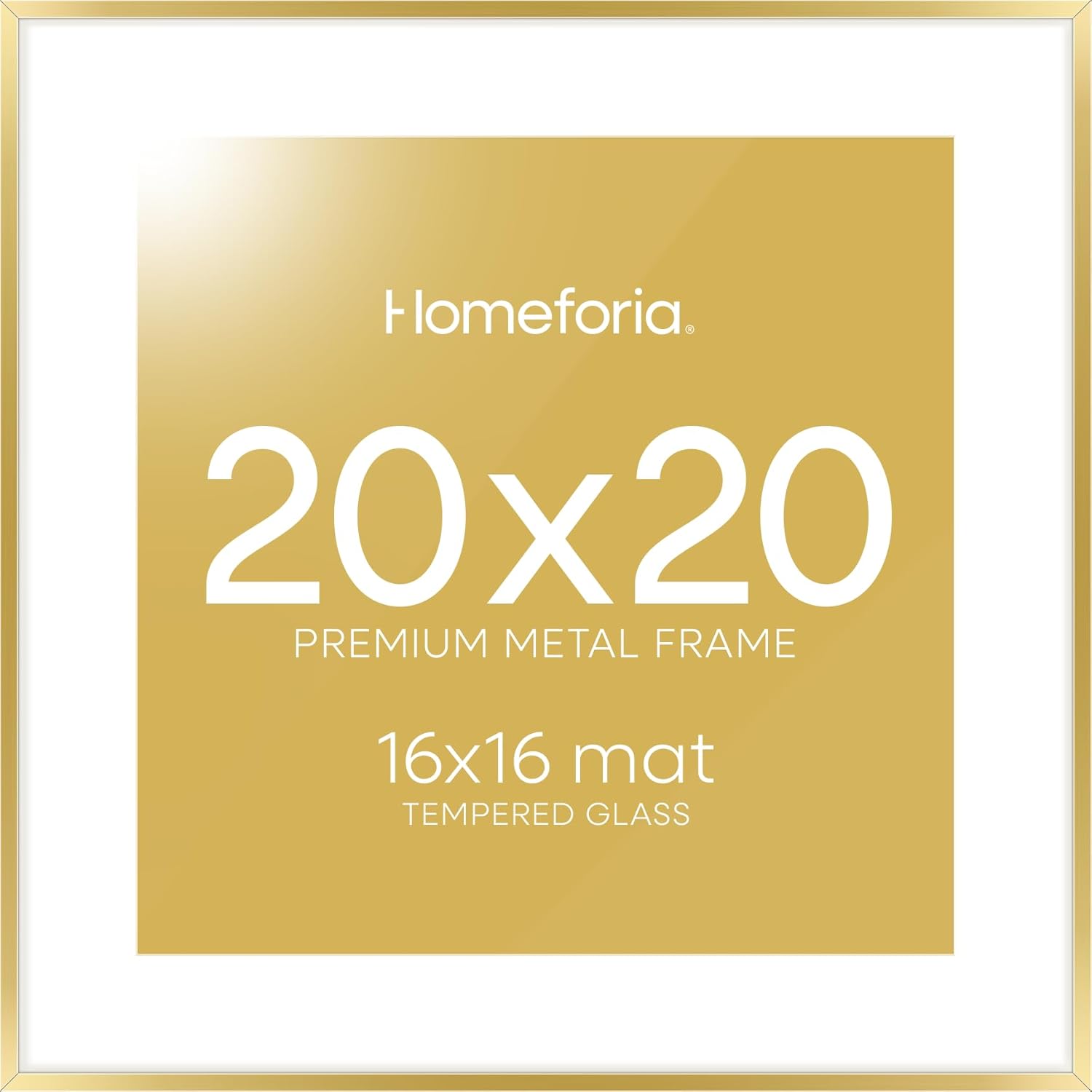 Homeforia 20x20 Picture Frame Gold, High End Metal 20 x 20 Square Poster Frame with Mat 16 x 16