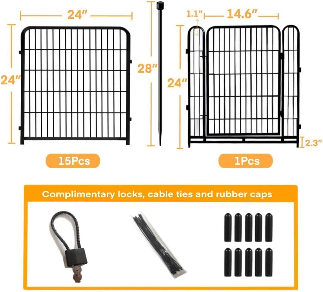 24 in(H) Decorative Garden Fence with Gate,16 Panels Total 31.4 Ft(L) Heavy Duty Iron Animal