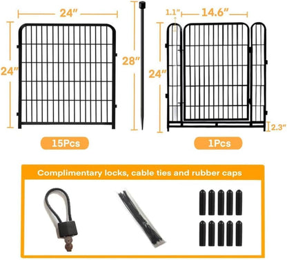 24 in(H) Decorative Garden Fence with Gate,16 Panels Total 31.4 Ft(L) Heavy Duty Iron Animal