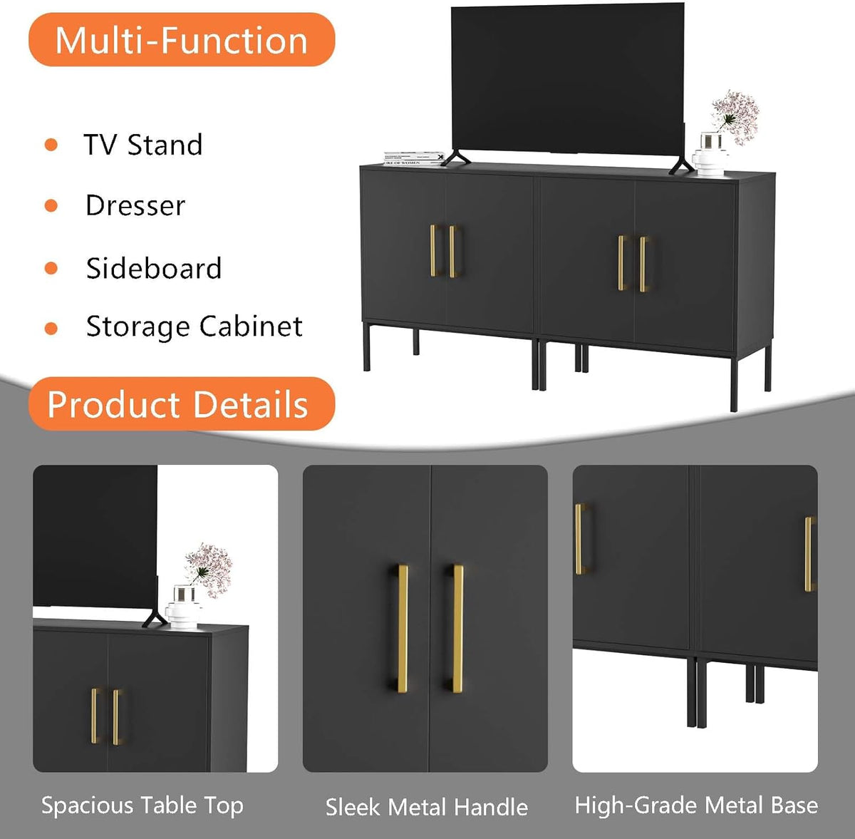 LYNSOM TV Stand for 55 Inch TV, Media Console Table with 2 Cabinets, Storage for Bedroom, Living