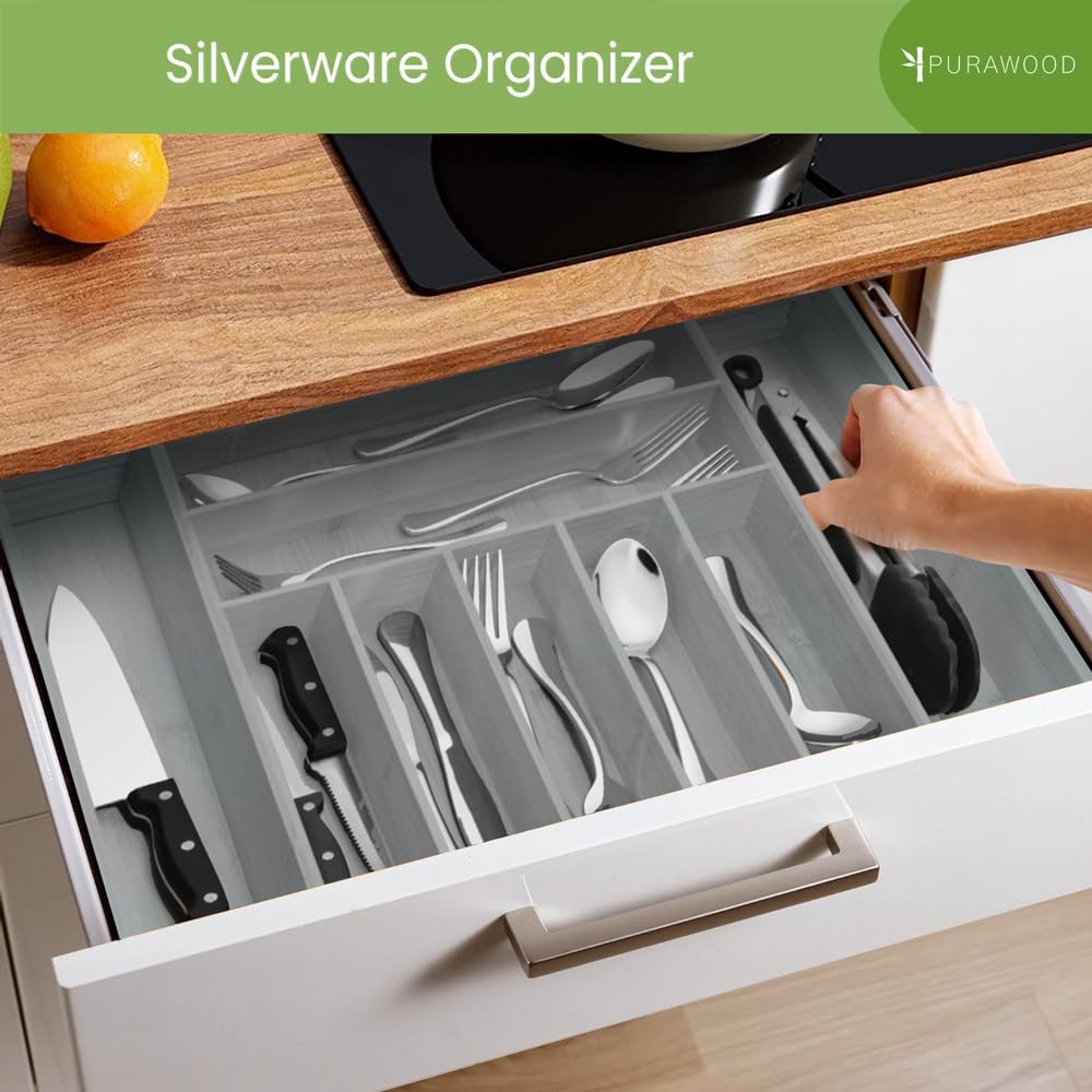 Purawood Bamboo Drawer Organizer - Expandable Silverware Organizer & Utensil Organizer, Cutlery