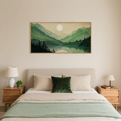 Celestdeco Watercolor Mountain Framed Canvas Wall Art Set, Boho Sun Forest Wall Decor, Green