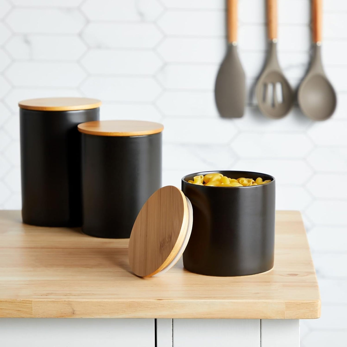 Farmlyn Creek Set of 3 Matte Black Kitchen Canister with Airtight Wooden Bamboo Lids, Kitchen