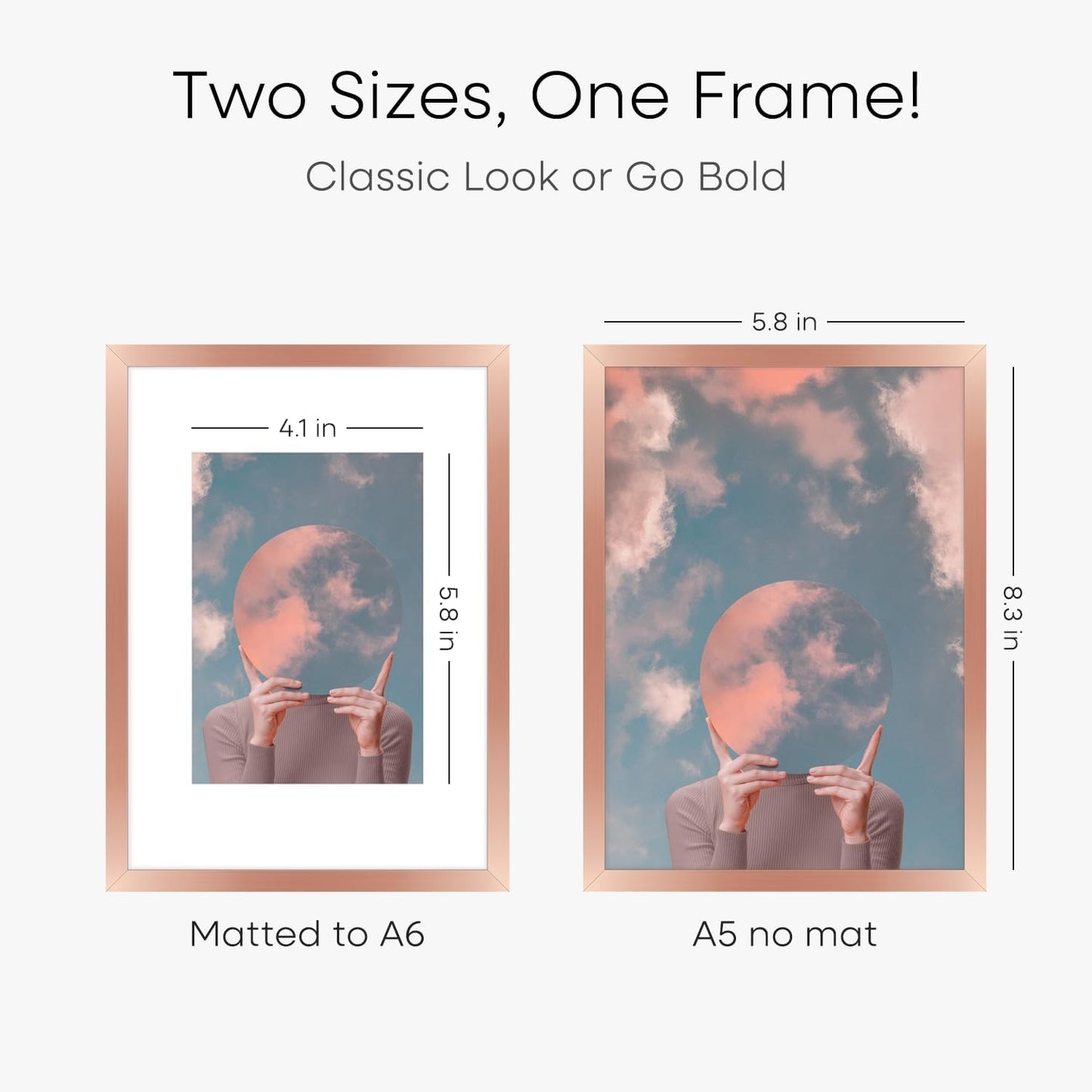 Homeforia A5 Frame Rose Gold, High End Metal 5.8 x 8.3 Picture Frames Matted to 4.1 by 5.8 inch