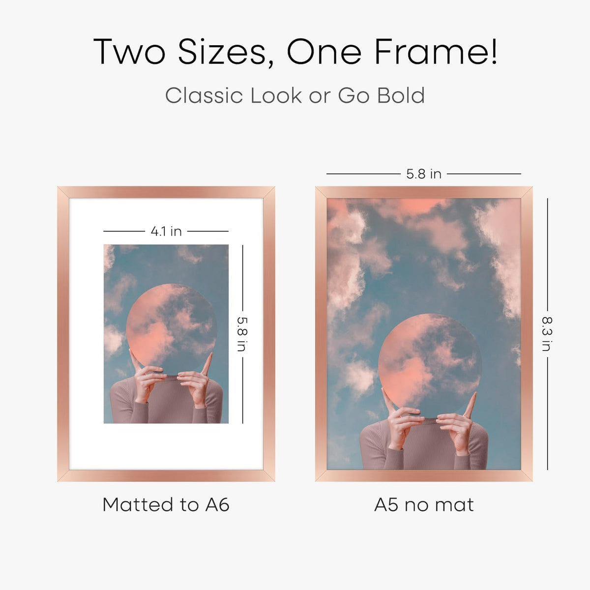 Homeforia A5 Frame Rose Gold, High End Metal 5.8 x 8.3 Picture Frames Matted to 4.1 by 5.8 inch