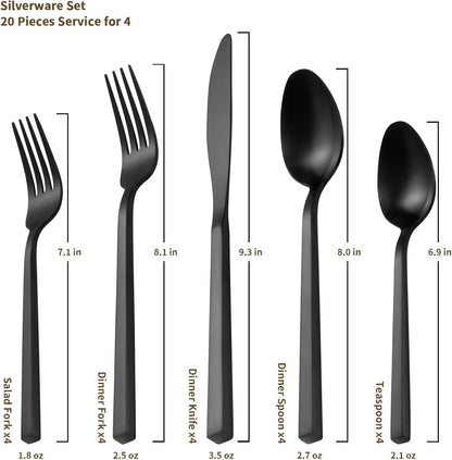 Alata Cube Black 20-Piece Forged Silverware Set Stainless Steel Flatware Set,Service for 4,Matte