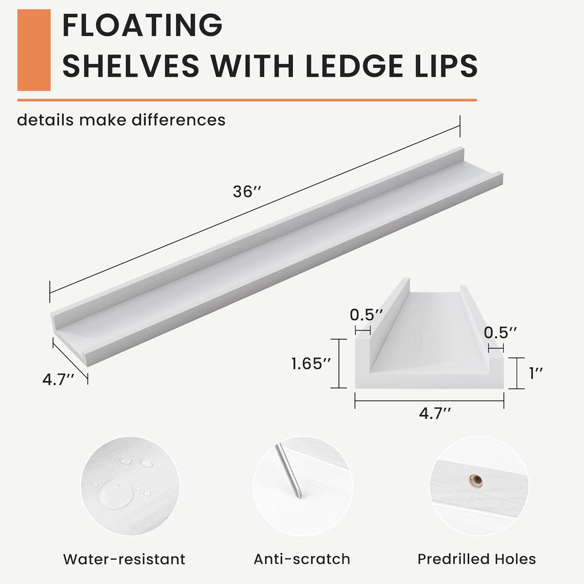 Solid Ash Wood Picture Ledge Shelf, 36 Inch Floating Shelves with Lip Set of 2, Photo Ledge Shelf
