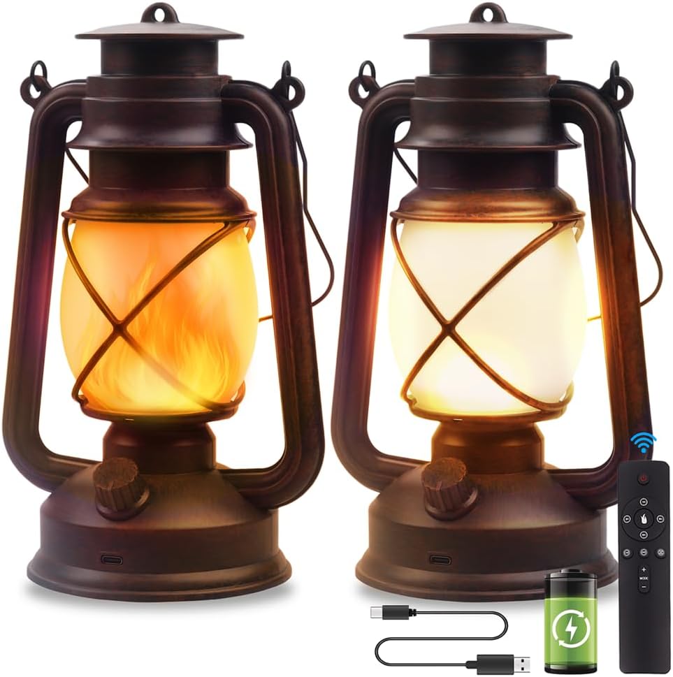 Lantern LED Battery Powered Camping Lamp Outdoor Hanging Lantern Flickering Flame Rechargeable