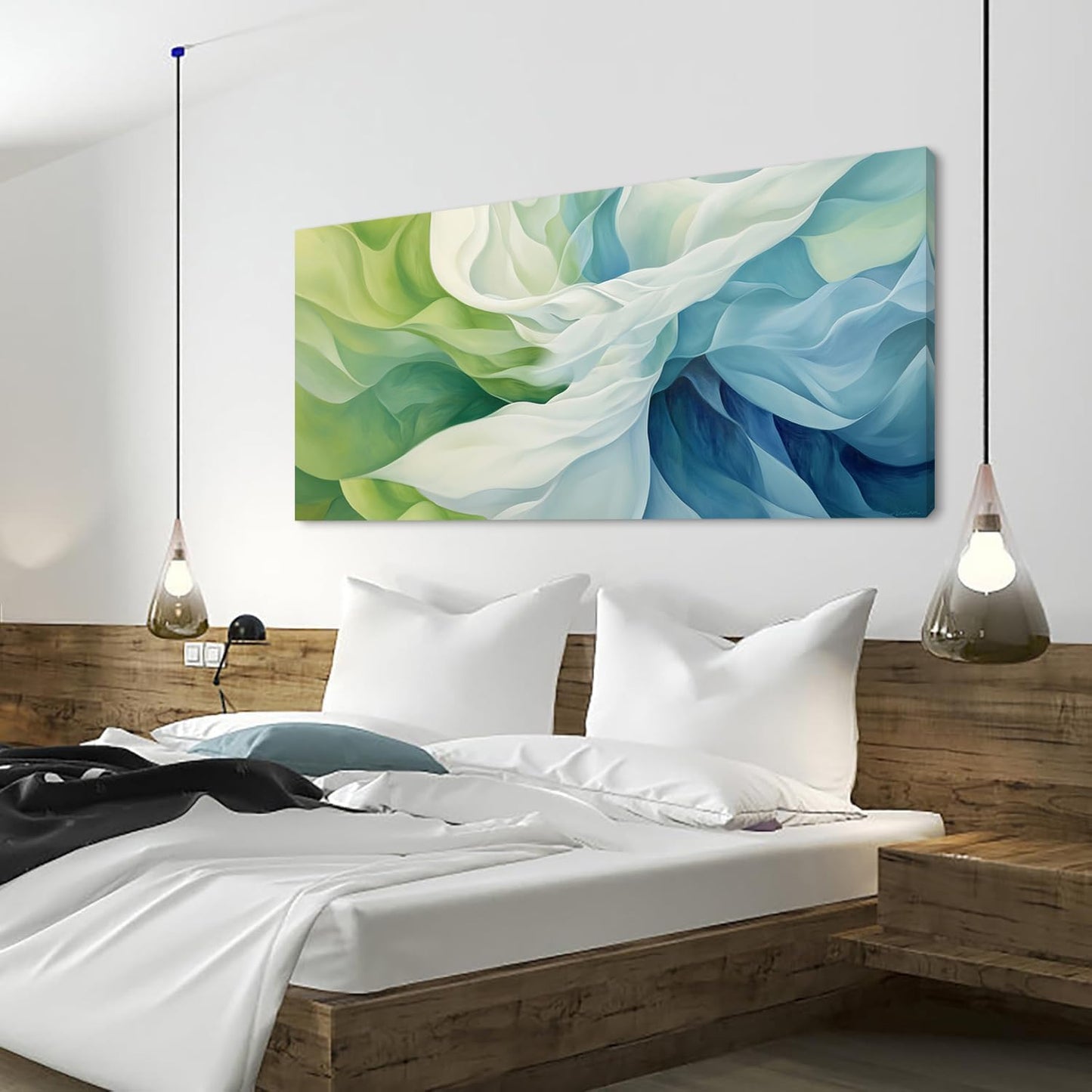 LASMOND Abstract Lines Wall Art for Living Room Canvas Prints Aqua Turquoise Blue Green Artwork
