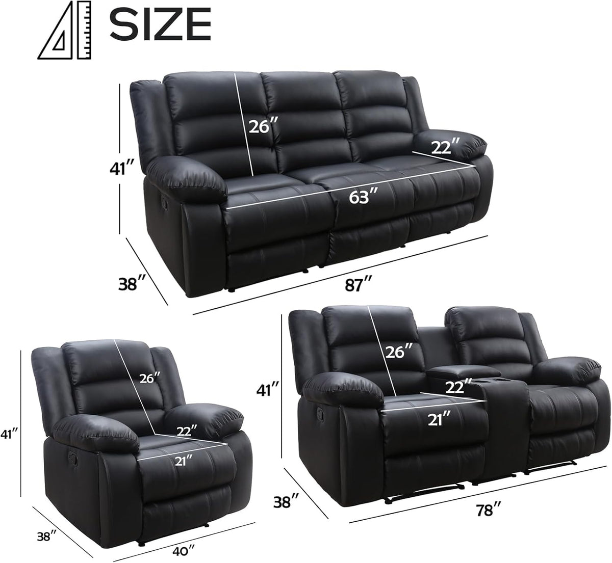 EBELLO Manual Faux Leather Recliner Sofa Set, Recliner Chair, Loveseat Reclining Sofa and 3 Seat
