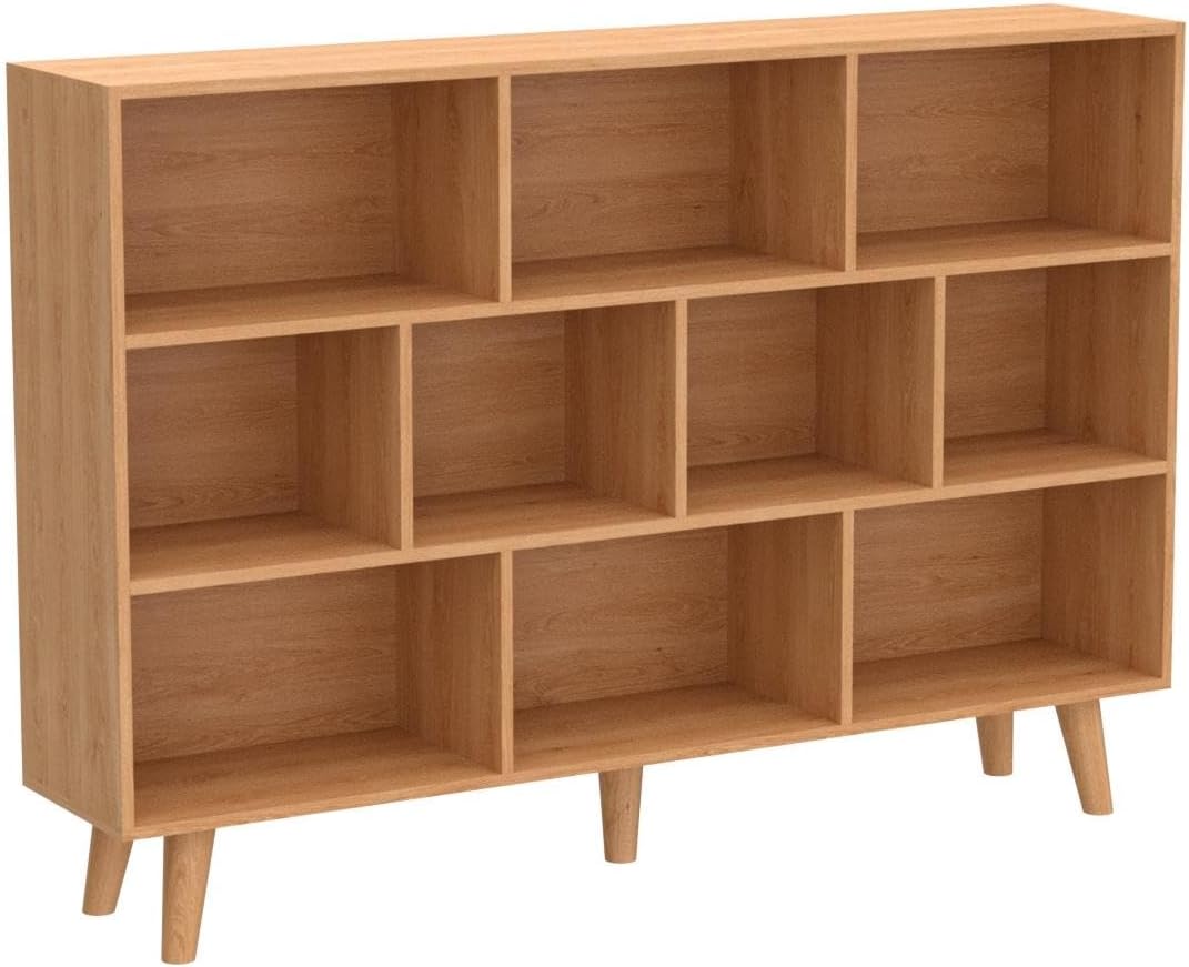 IOTXY Wooden Open Shelf Bookcase - 3-Tier Floor Standing Display Cabinet Rack with Legs, 10 Cubes