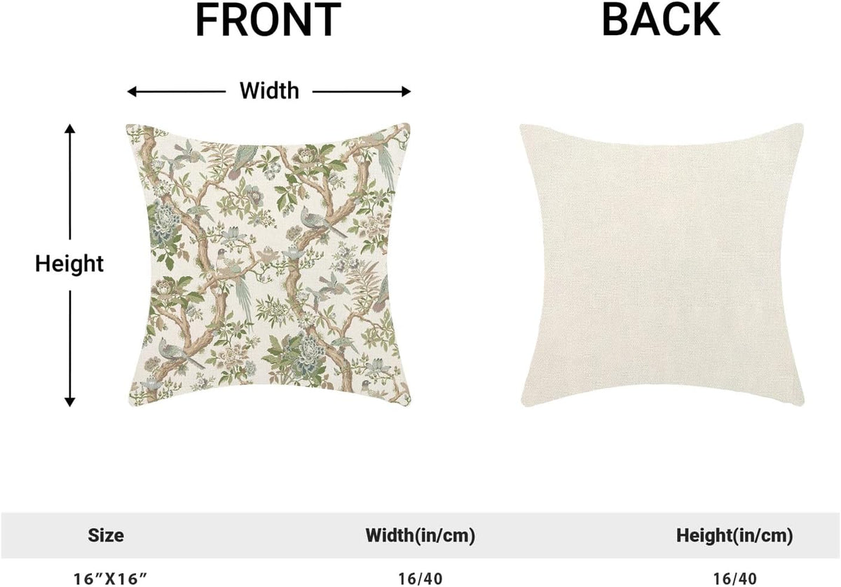 CXMEIFLY Chinoiserie Spring Pillow Covers 16 x 16 Inch Set of 2 for Sage Green Blue Vintage Flowers