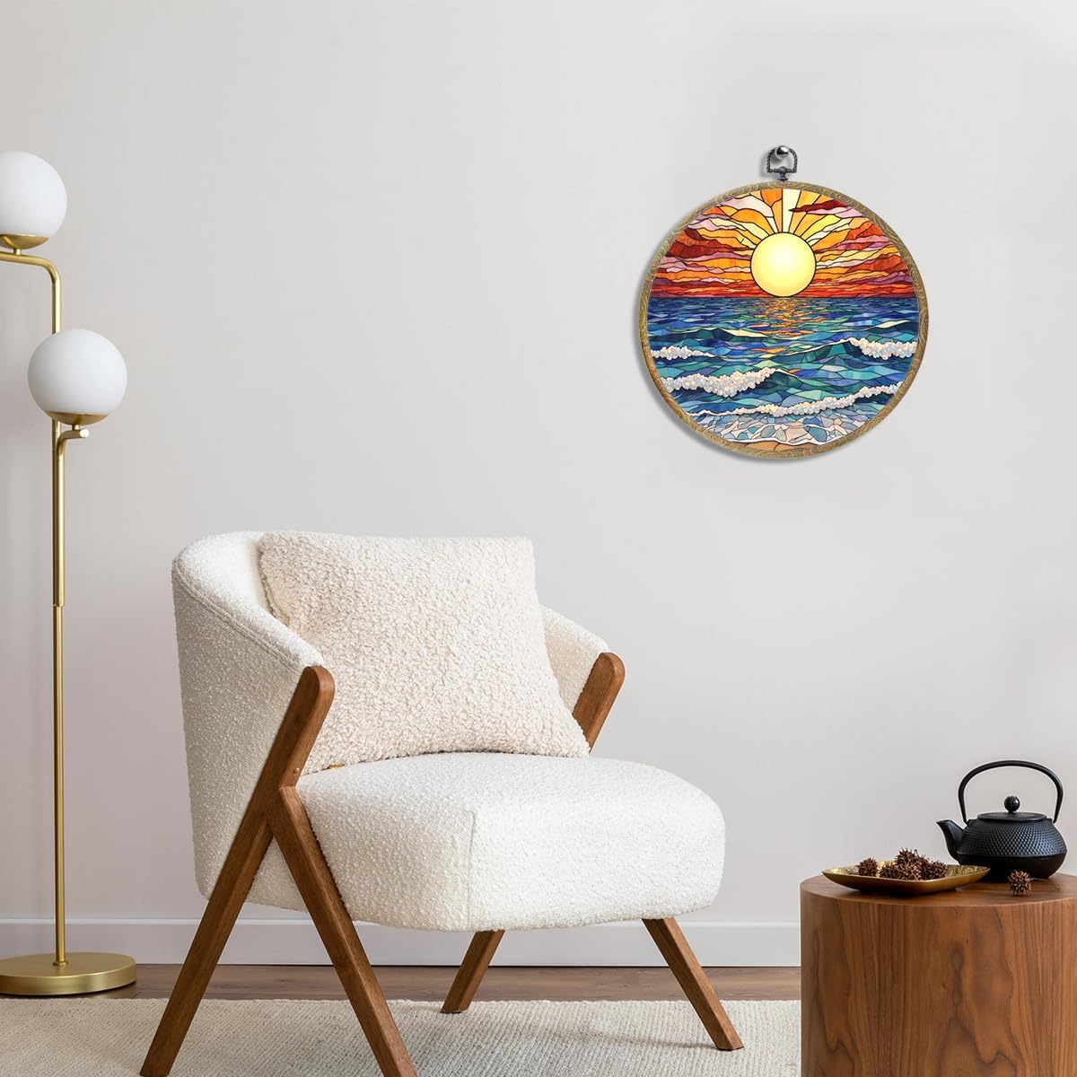Colorful Boho Waves on The Beach Sunset Gifts for Sunset Lovers Framed Round Wall Decor Canvas Wall