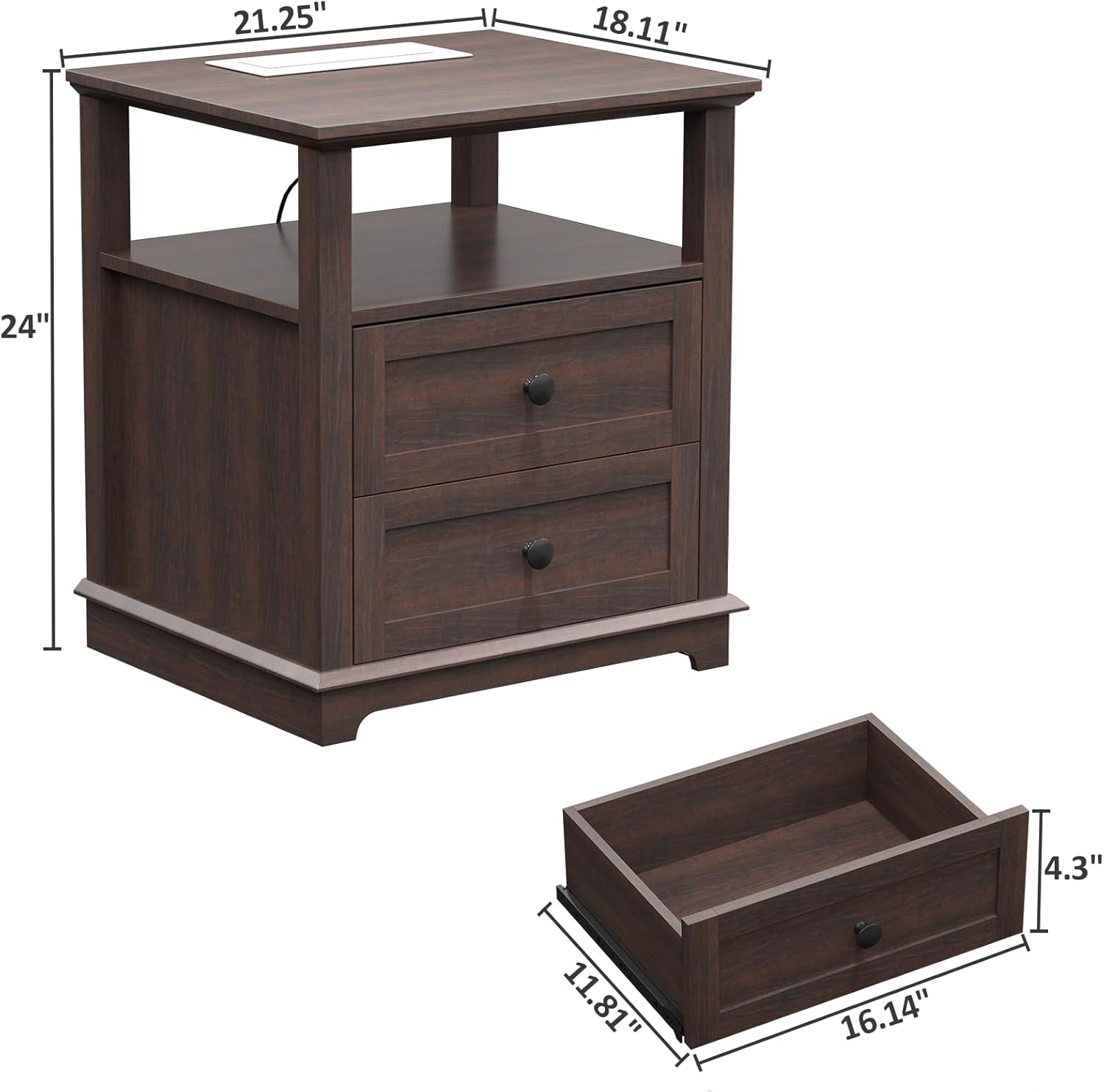 HIFYOBRO 24" Tall End Table with 2 Drawers and Charging Station, Type-C & USB Port & Power outlets