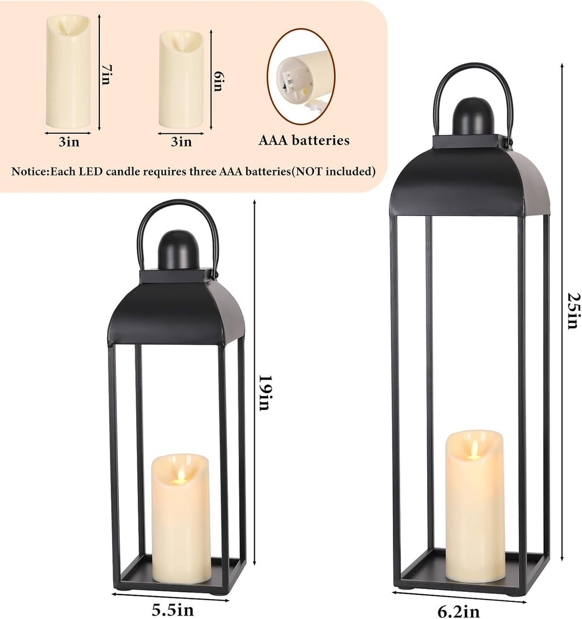 25'' 19'' Lanterns Decorative Outdoor Indoor, Black Metal Outdoor Candle Lanterns, Set of 2 Modern