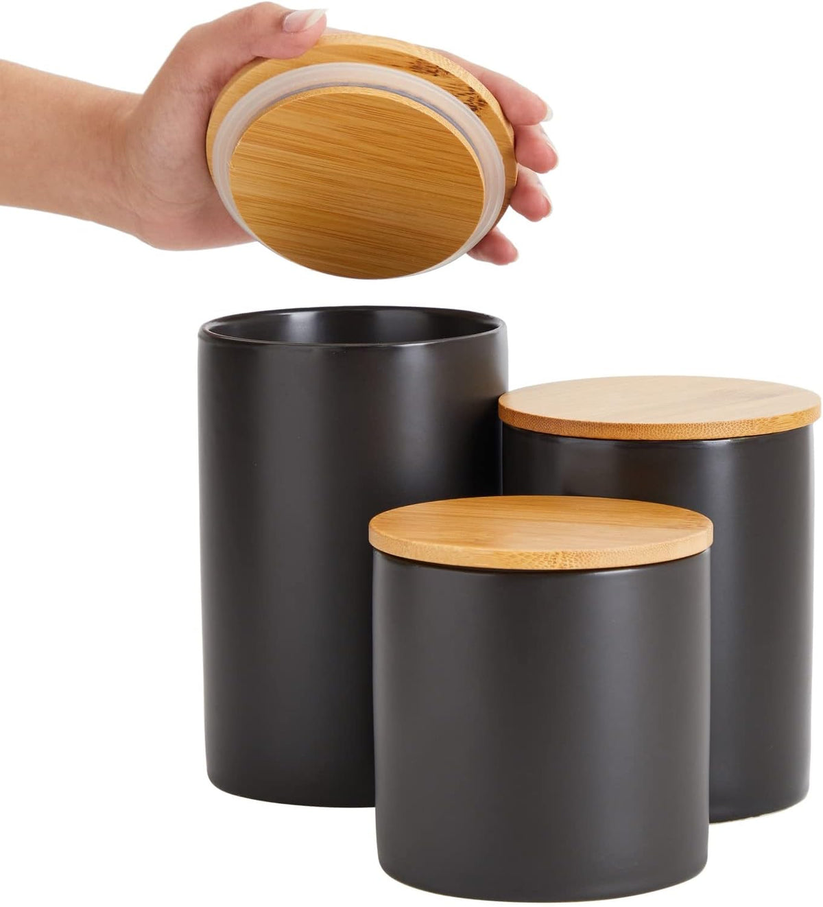 Farmlyn Creek Set of 3 Matte Black Kitchen Canister with Airtight Wooden Bamboo Lids, Kitchen