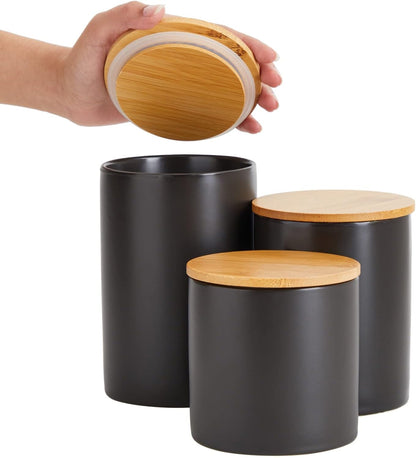 Farmlyn Creek Set of 3 Matte Black Kitchen Canister with Airtight Wooden Bamboo Lids, Kitchen