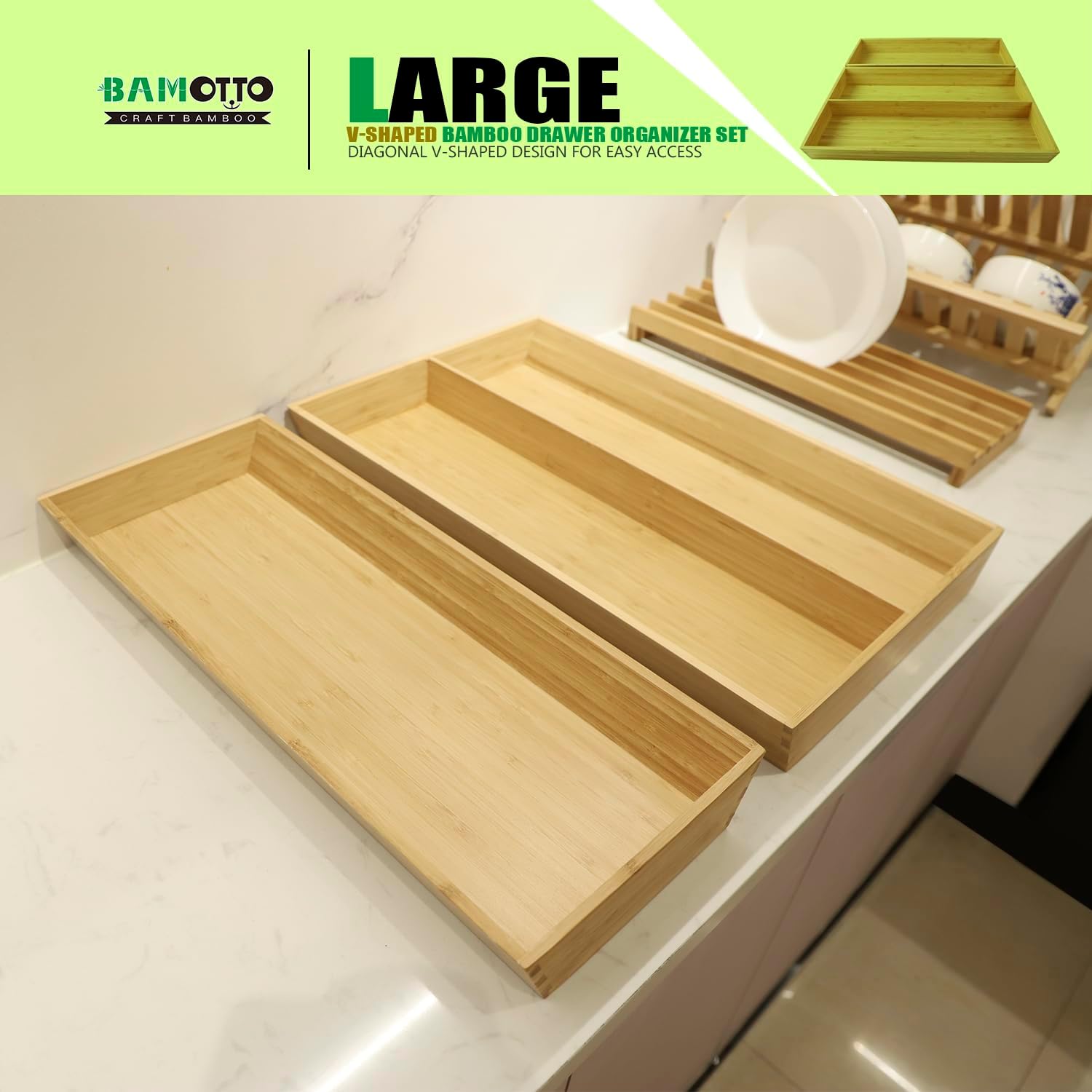 2-Piece V-Shaped Bamboo Drawer Organizer - Ideal for Kitchen's Large Long Tableware, Cooking
