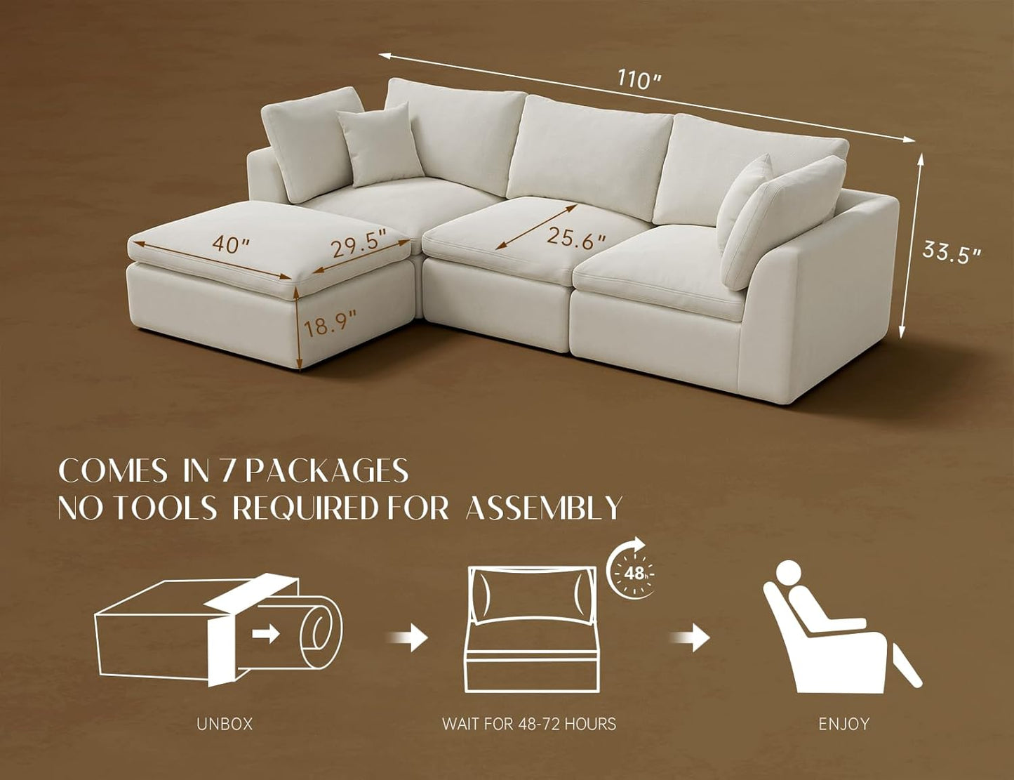 110" Cloud Sectional Couches for Living Room, Convertible L-Shape Couch with Ottoman, 3 Seater