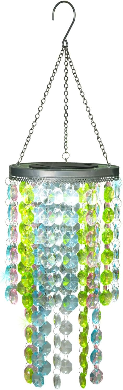 Hanging Solar Lantern Outdoor, 2 Tiers 21” Solar Multicolor Acrylic Beaded Chandelier with Cool