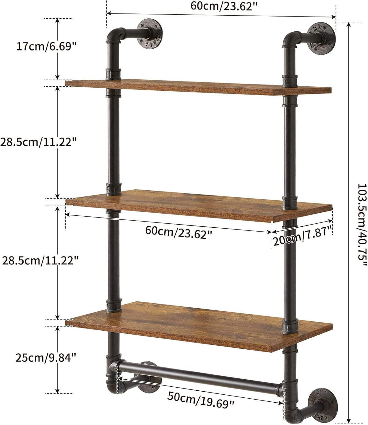 IBUYKE Industrial Pipe Shelf,40.5 inches Wall Mount Bookcase,3-Tier Wall Shelf with Towel