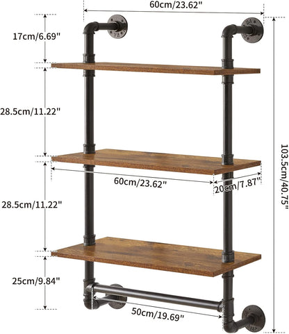 IBUYKE Industrial Pipe Shelf,40.5 inches Wall Mount Bookcase,3-Tier Wall Shelf with Towel