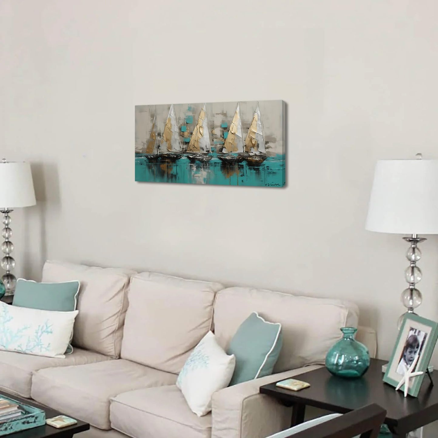 LASMOND Framed canvas wall art Large Boats for living room Nature bedroom Decor Ocean landscape