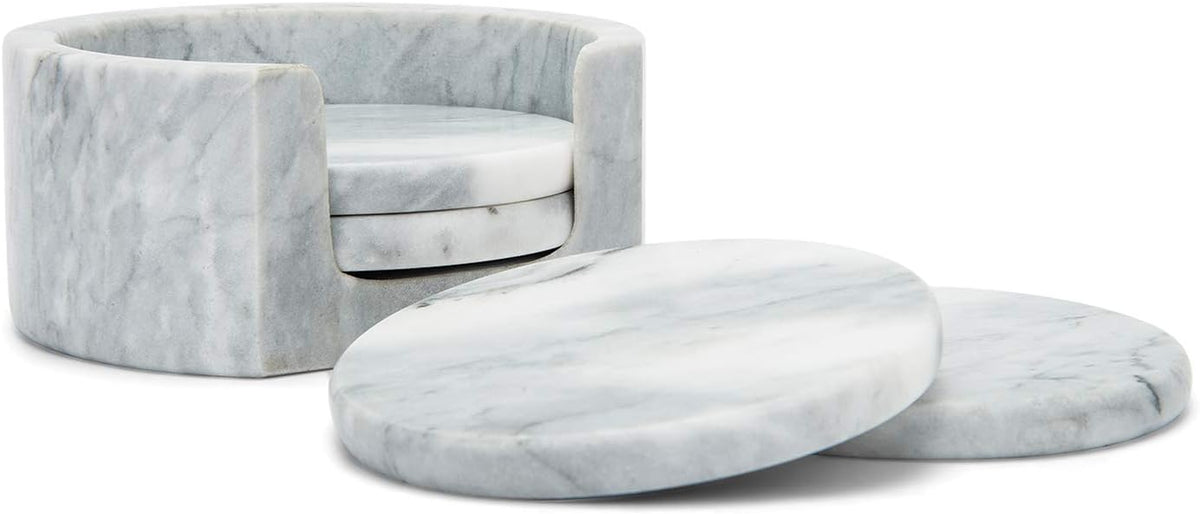 Fox Run Natural Polished Marble Coasters, Set of 4 White Coasters With Holder