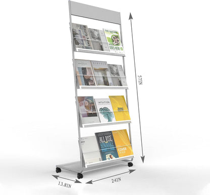TONGMO Floor-Standing Magazine Rack 4-Layer with Wheels, Brochure Display Stand, High-hardness