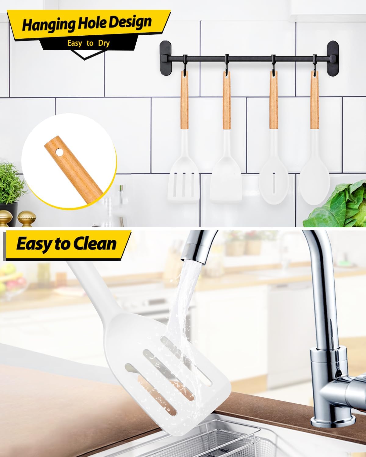 Pack of 4 Silicone Cooking Utensils Set, Non Stick Solid Spatulas and Heat Resistant Slotted Spoons