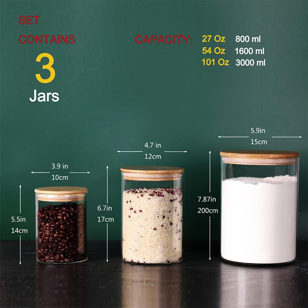 Glass Flour and Sugar Containers, Set of 3 Large Glass Flour Canister with Airtight Lids, Pantry