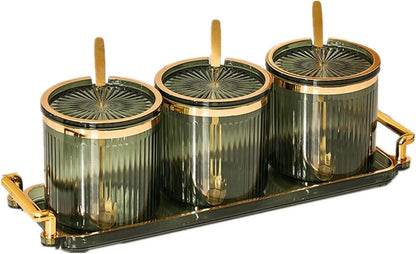 Acrylic Condiment Spice Jars,Condiment Spice Box With Lids and Spoons and Tray,Clear Plastic