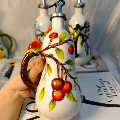 18 Oz Hand Painted Relief Ceramic Olive Oil Bottle Dispenser for Kitchen, Oil and Vinegar Bottle