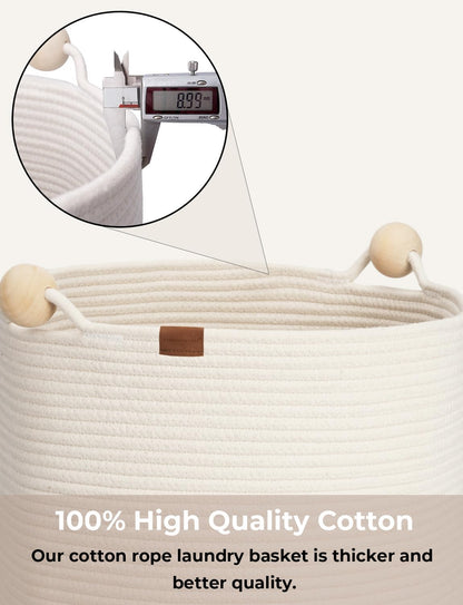 StorageWorks 72L Cotton Rope Laundry Basket with Wooden Beads Handles, Woven Basket for Storage