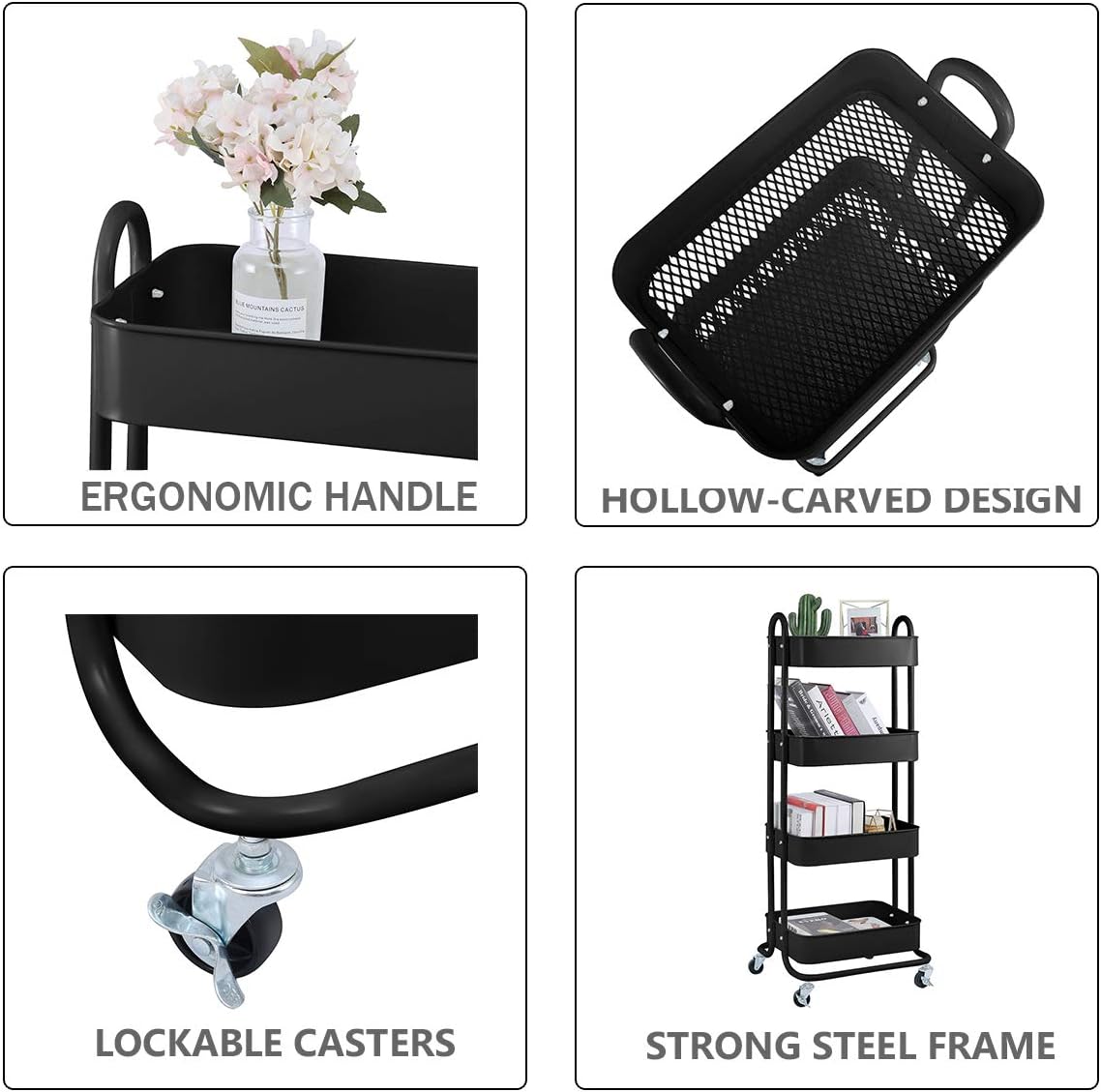 4-Tier Metal Mesh Utility Rolling Cart Storage Organizer Shelf Rack with Lockable Wheels for Living
