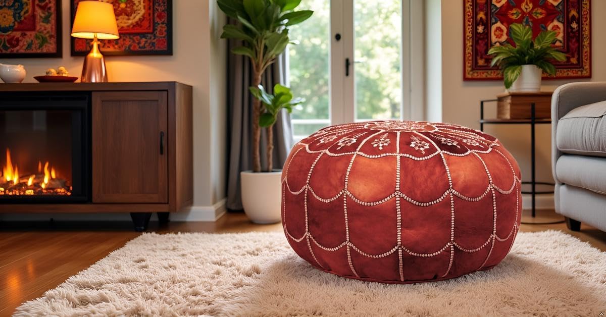 Stuffed Arch Design Moroccan Leather Pouf Ottoman, Handmade, Pre-Filled, 100% Genuine Leather, 14”