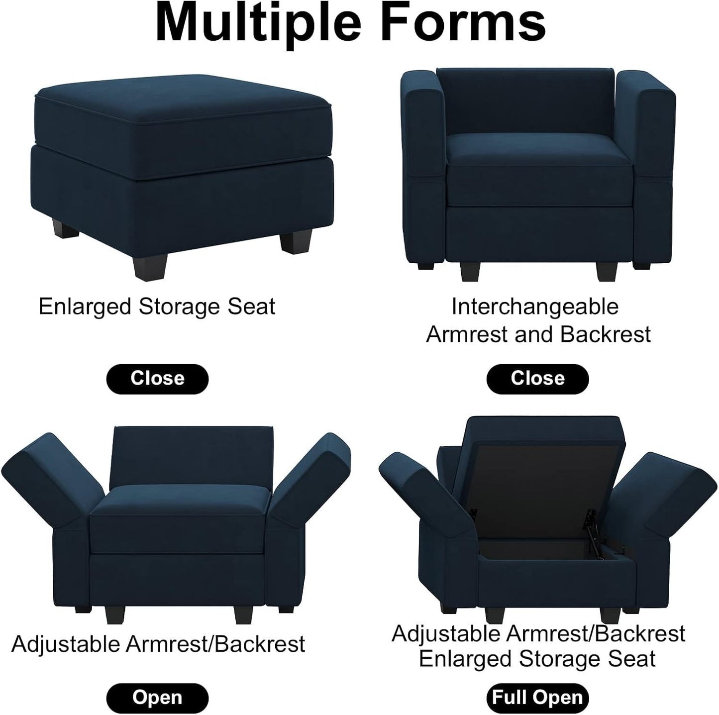 Belffin Modular Sectional Arm Accent Chair with Storage Seat Velvet Armchair Single Sofa Club Chair