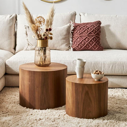 WILLIAMSPACE Nesting Coffee Table Set of 2, Walnut Round Wooden Coffee Tables Modern Circle Table