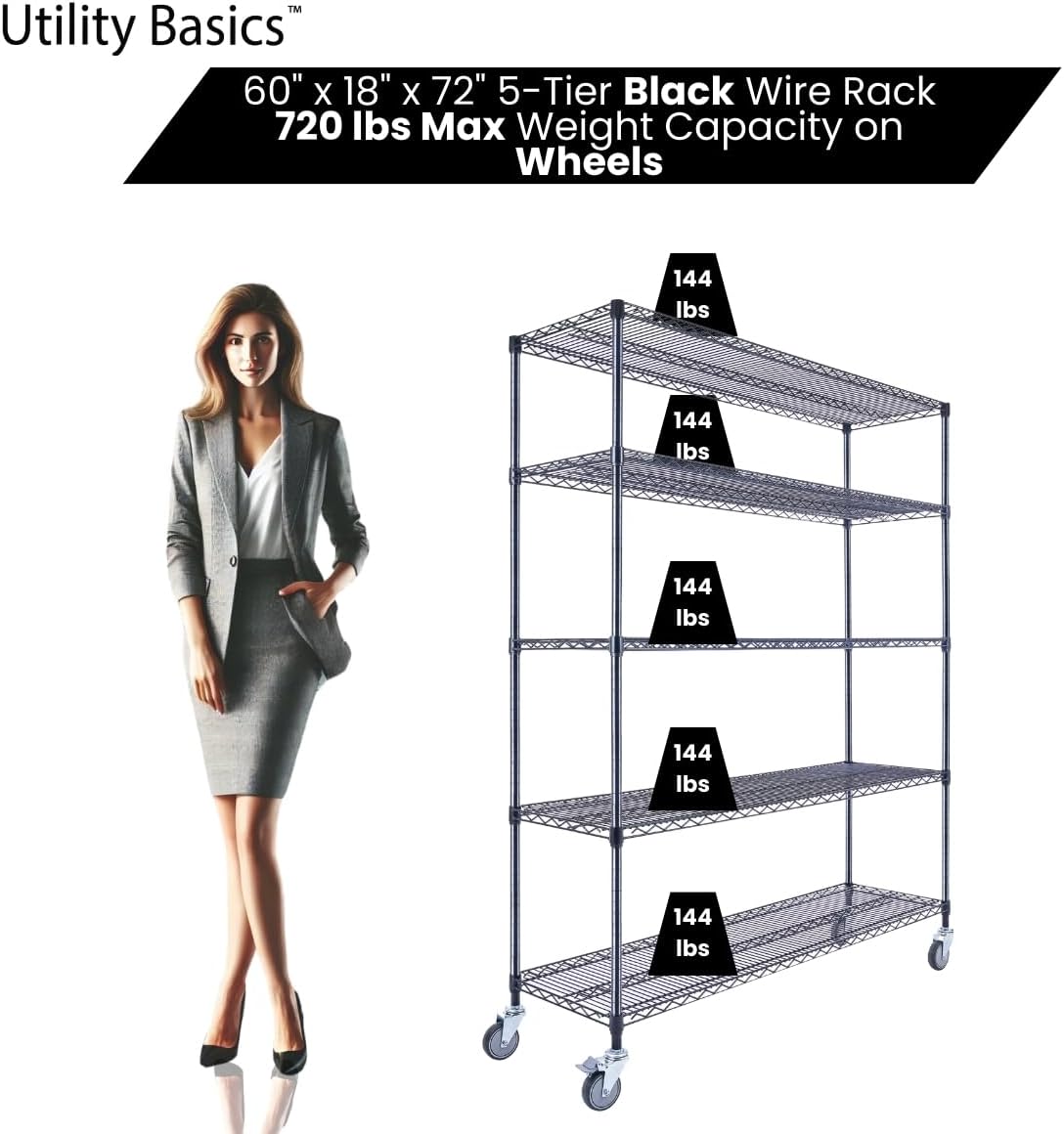 60"x18"x72" Black 5-Tier Premium Wire Shelving NSF 4000 LBS MAX Capacity Heavy Duty Steel Storage