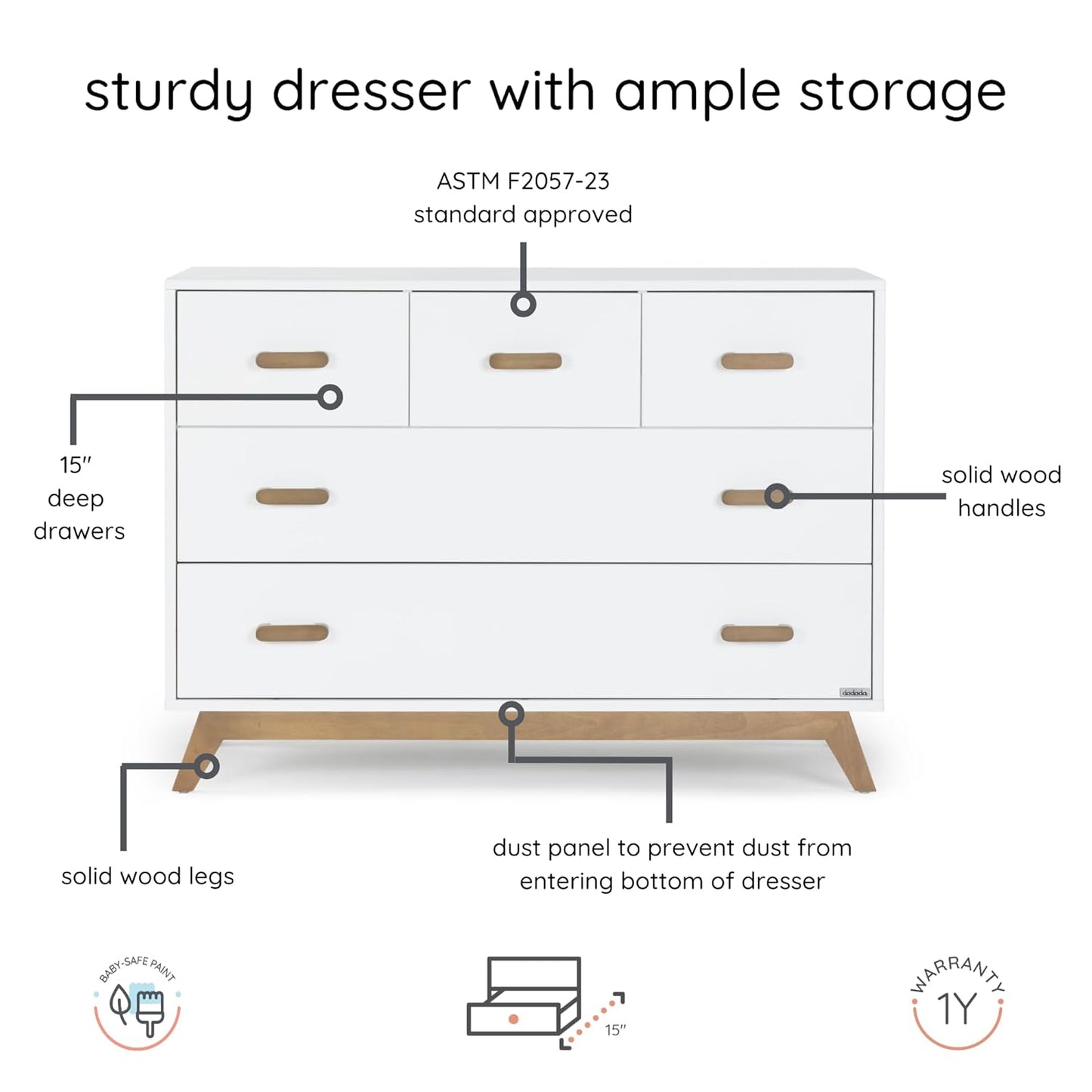 dadada Soho 5-Drawer Dresser for Nursery and Bedroom - Modern Design, Large Storage, Baby-Safe