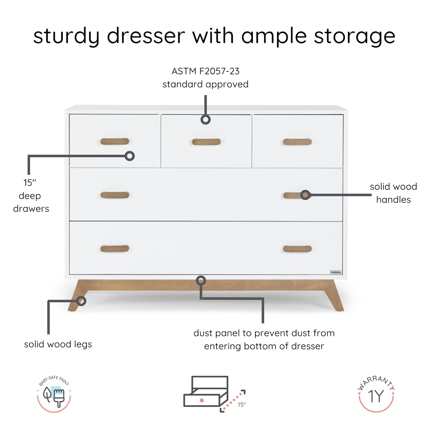 dadada Soho 5-Drawer Dresser for Nursery and Bedroom - Modern Design, Large Storage, Baby-Safe