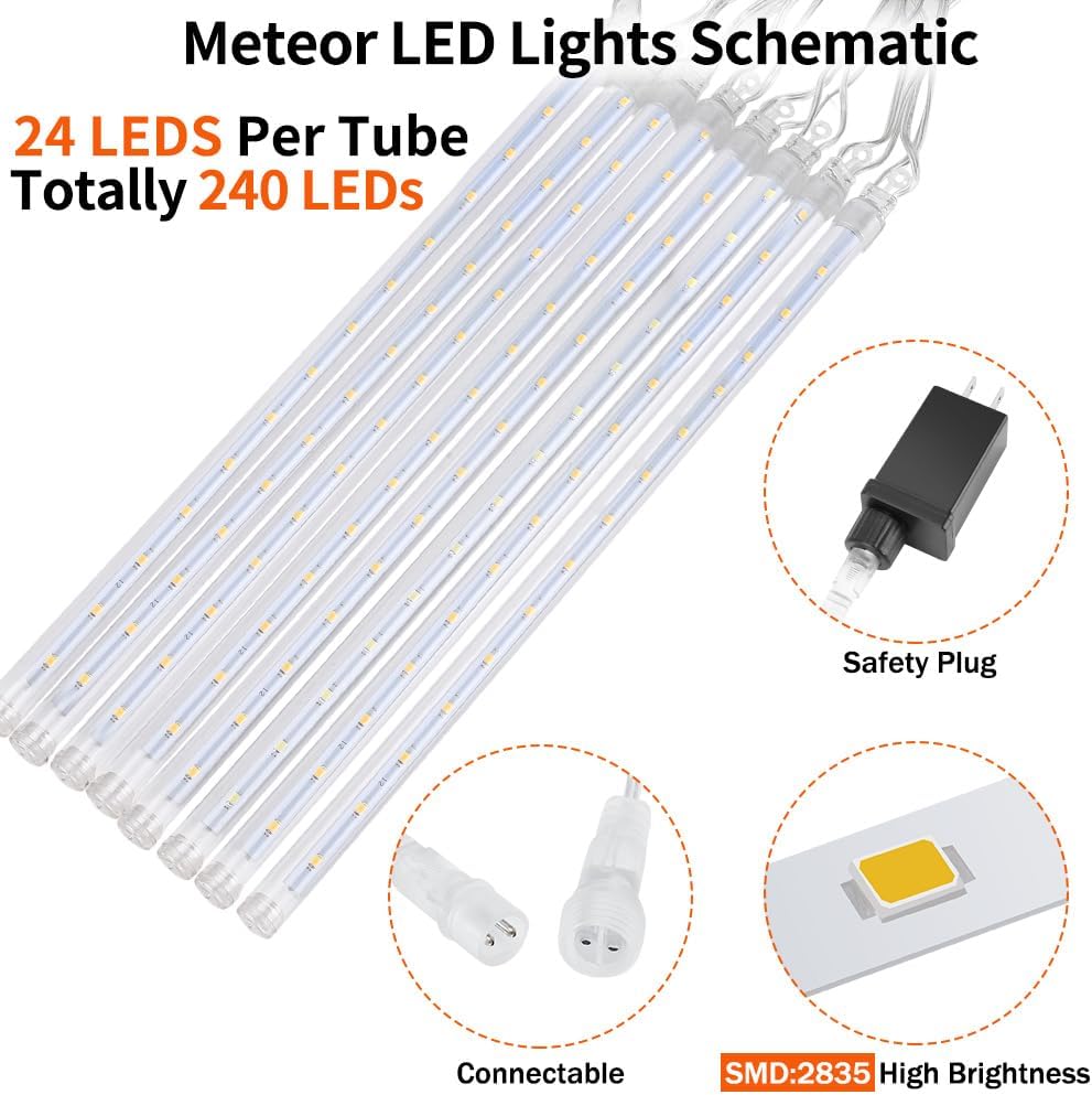 2 Pack Christmas Meteor Shower Rain Lights 12inch, 20 Tube 480 LEDs Icicle Outdoor Raindrop for
